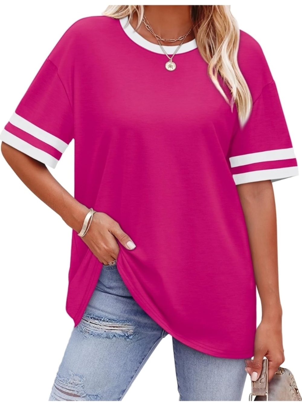 WIHOLL Hot Pink Color Block Short Sleeve Tee - Size XL (EUC)